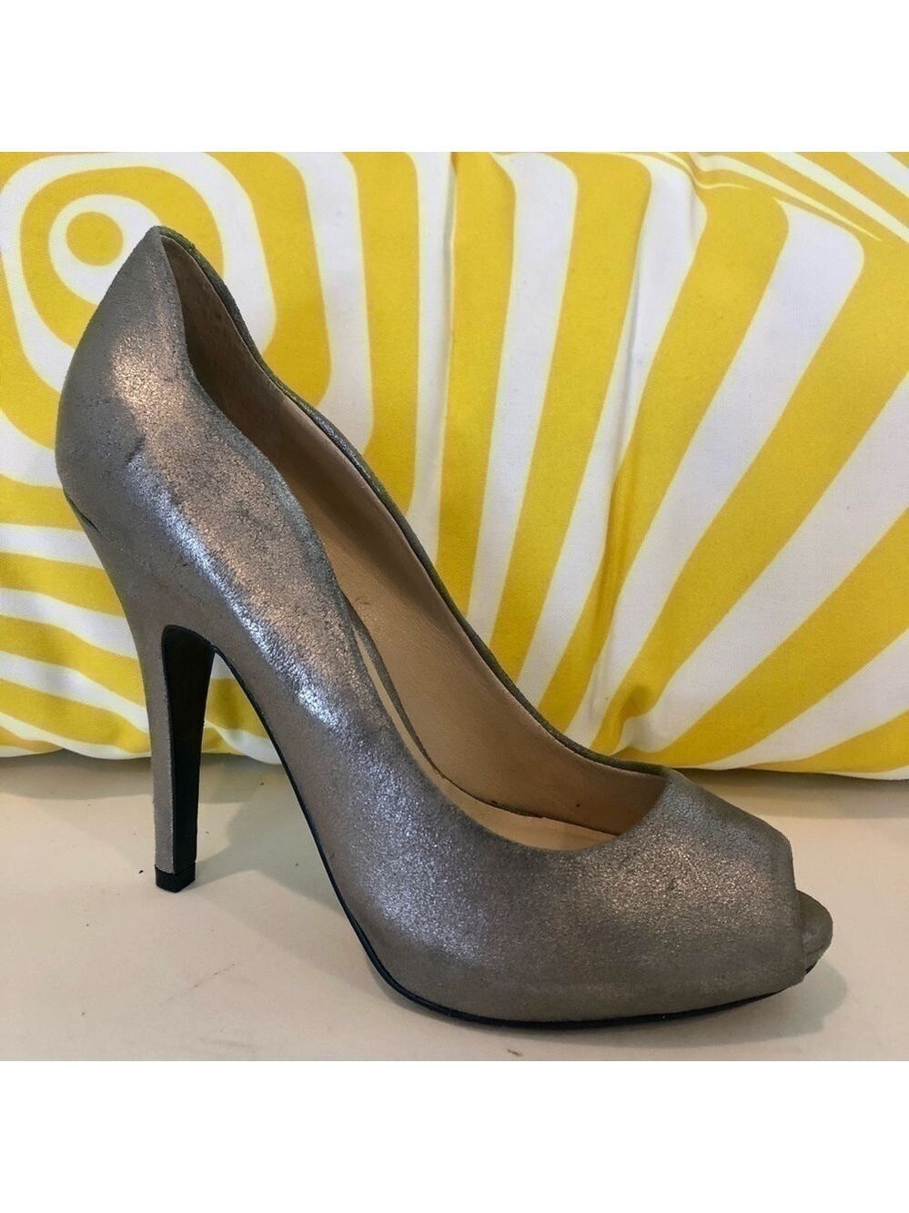 NINE West silver metallic leather peep toe heel 6